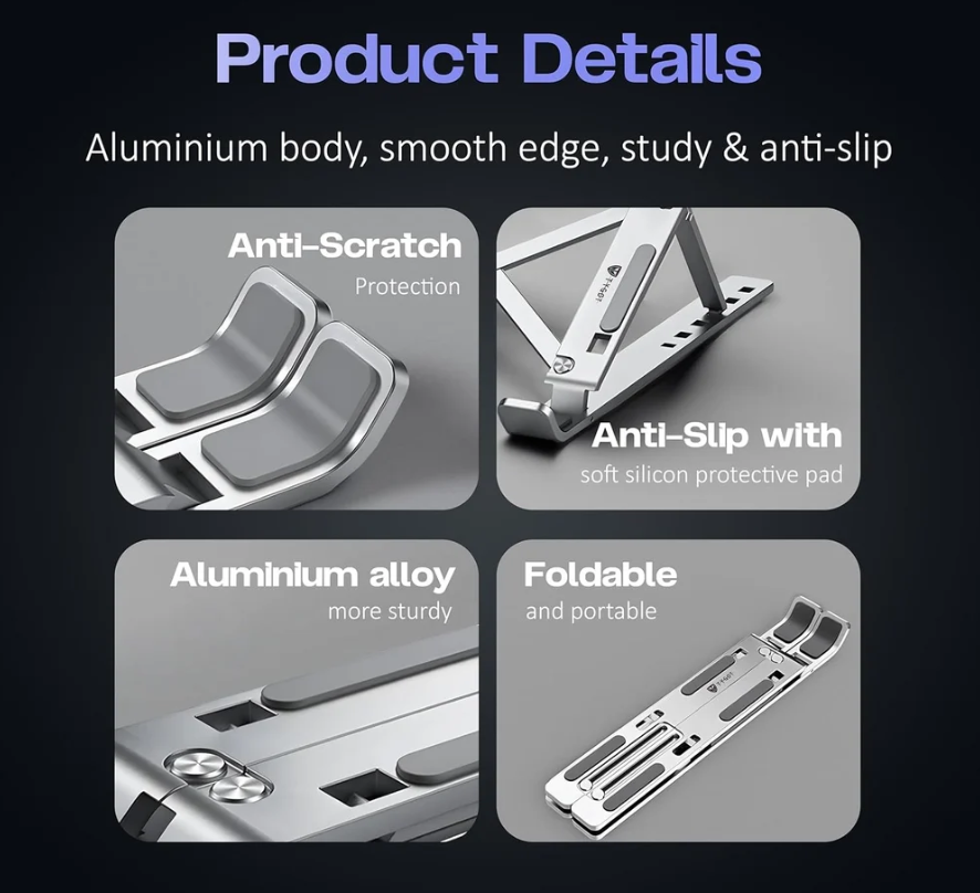 Adjustable Aluminum Laptop Stand – Foldable & Portable Ergonomic Laptop Riser